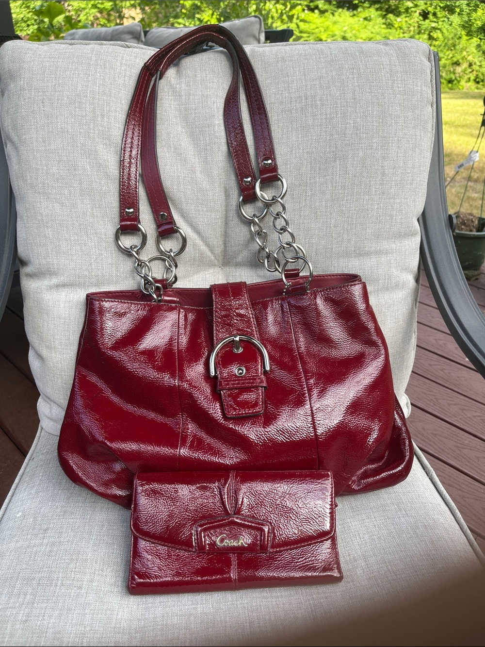 COACH F19711 Soho Burgundy Patent Leather Shoulder Bag & Wallet